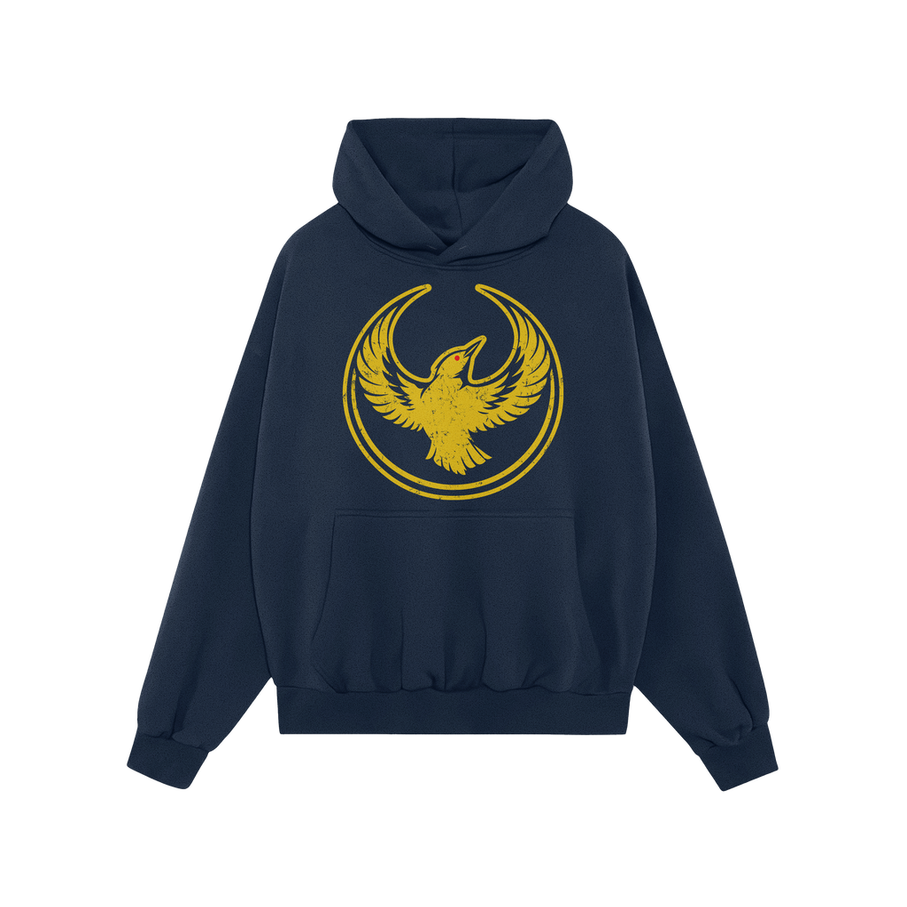 Navy-blue Oregon Rebel Alliance Hoodie with a distressed golden-yellow bird graphic, featuring a kangaroo pocket and drawstri