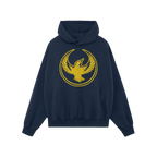 Navy-blue Oregon Rebel Alliance Hoodie with a distressed golden-yellow bird graphic, featuring a kangaroo pocket and drawstri