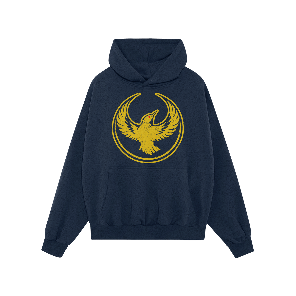 Navy-blue Oregon Rebel Alliance Hoodie with a distressed golden-yellow bird graphic, featuring a kangaroo pocket and drawstri