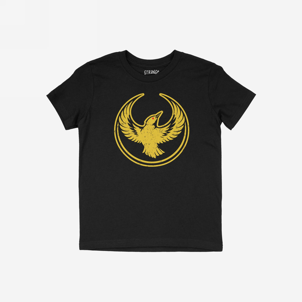 Oregon Rebel Alliance T-shirt featuring a distressed golden phoenix graphic with outstretched wings inside a broken ring, symbolizing resistance and community solidarity. The design is prominently placed on a black short-sleeve tee.