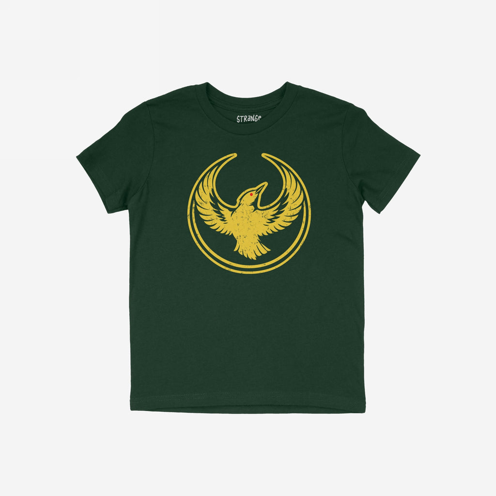 Oregon Rebel Alliance T-shirt featuring a distressed gold-yellow bird graphic on dark forest-green fabric, symbolizing resistance and support for equality, with the brand name visible on the collar tag.