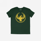 Oregon Rebel Alliance T-shirt featuring a distressed gold-yellow bird graphic on dark forest-green fabric, symbolizing resistance and support for equality, with the brand name visible on the collar tag.