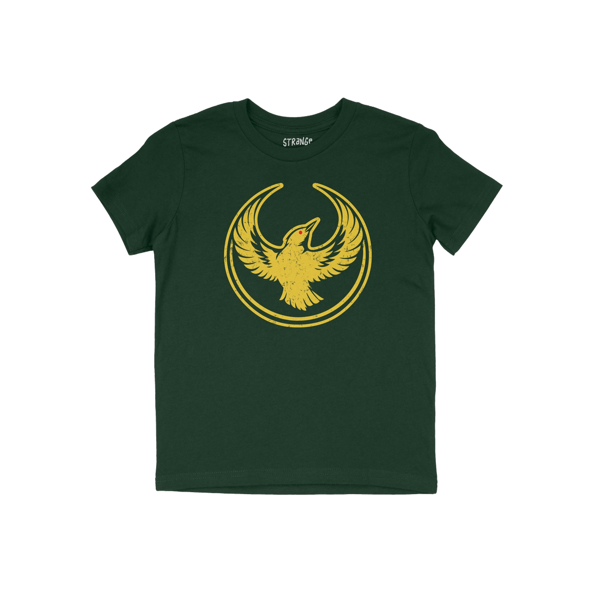 Oregon Rebel Alliance T-shirt featuring a distressed gold-yellow bird graphic on dark forest-green fabric, symbolizing resist