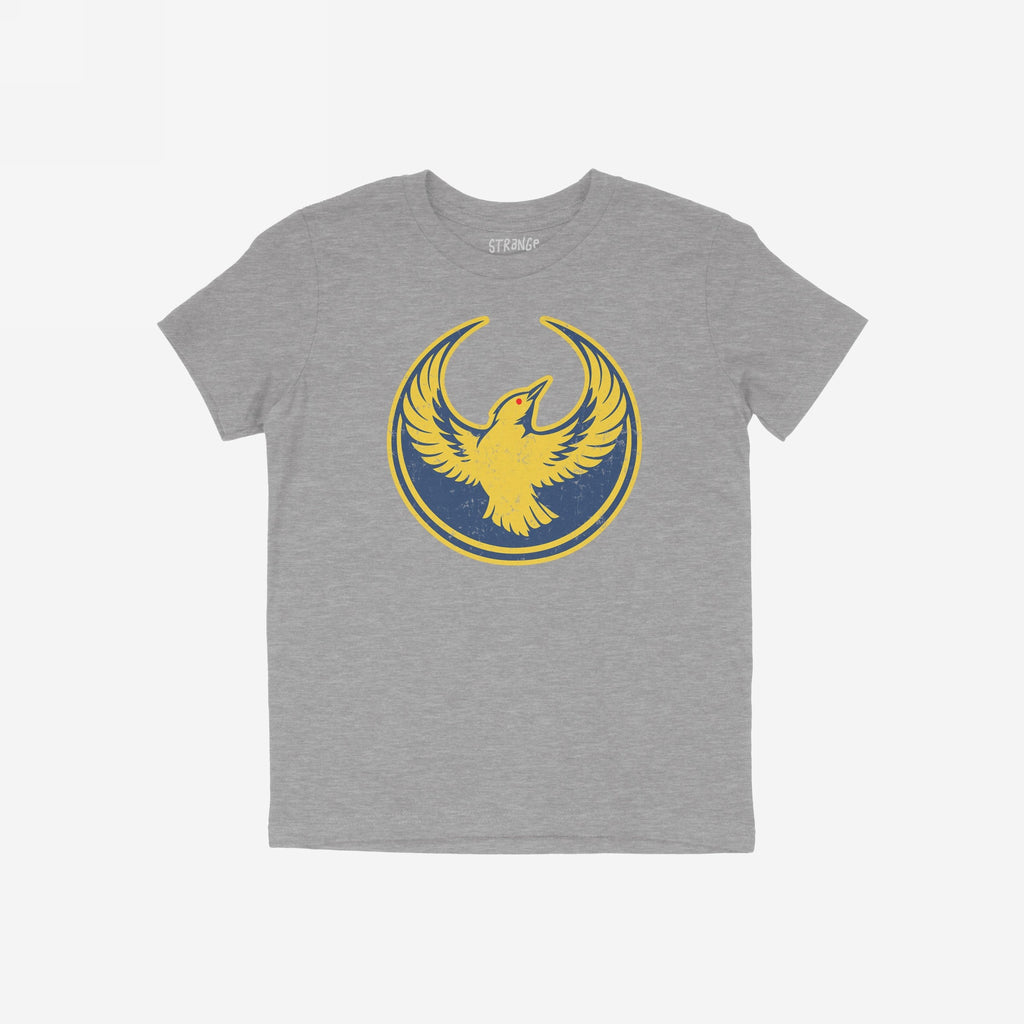 Heather-gray Oregon Rebel Alliance T-shirt featuring a circular graphic of a stylized yellow phoenix with outstretched wings on the chest, representing activism and support for equality and immigrant rights.
