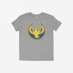 Heather-gray Oregon Rebel Alliance T-shirt featuring a circular graphic of a stylized yellow phoenix with outstretched wings on the chest, representing activism and support for equality and immigrant rights.