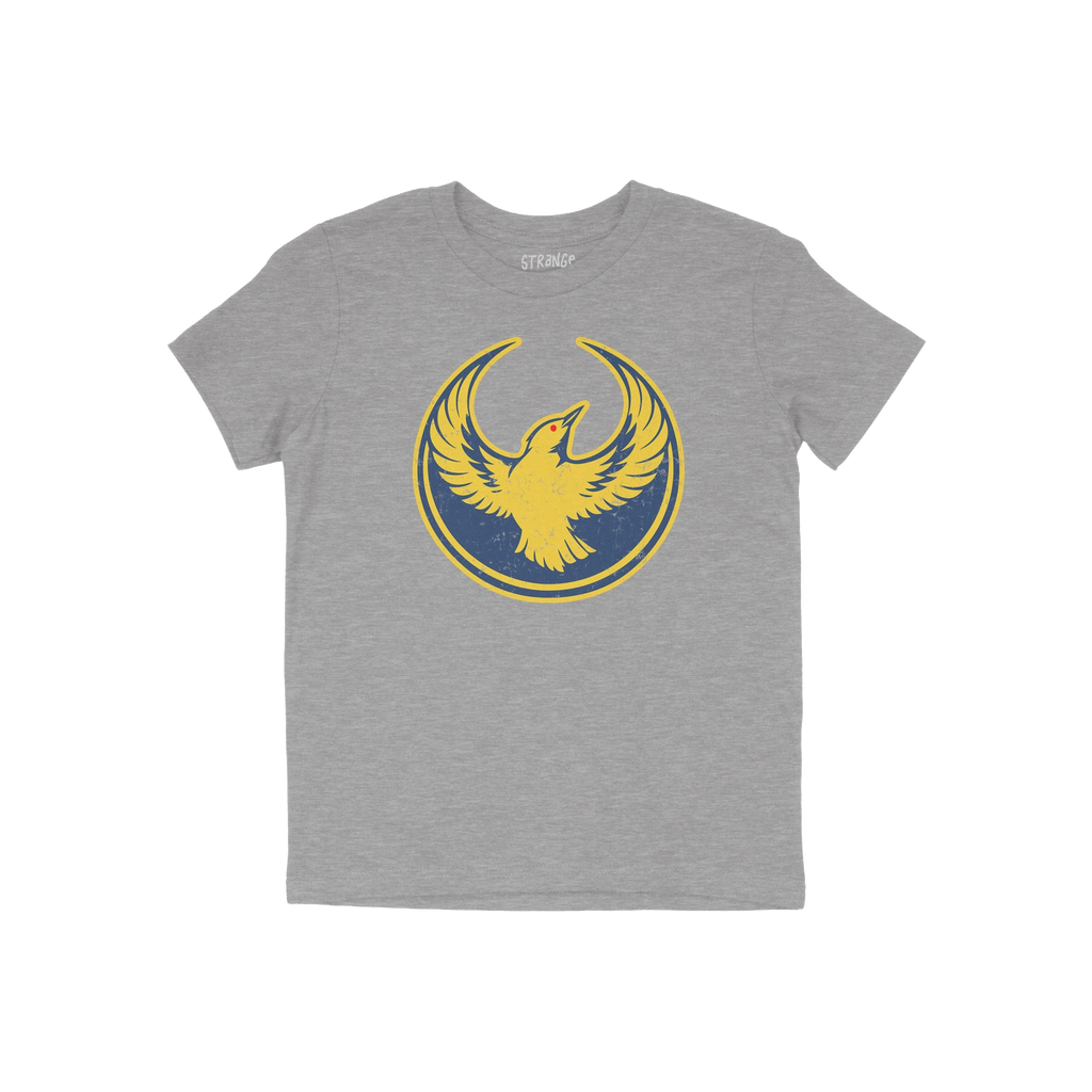 Heather-gray Oregon Rebel Alliance T-shirt featuring a circular graphic of a stylized yellow phoenix with outstretched wings