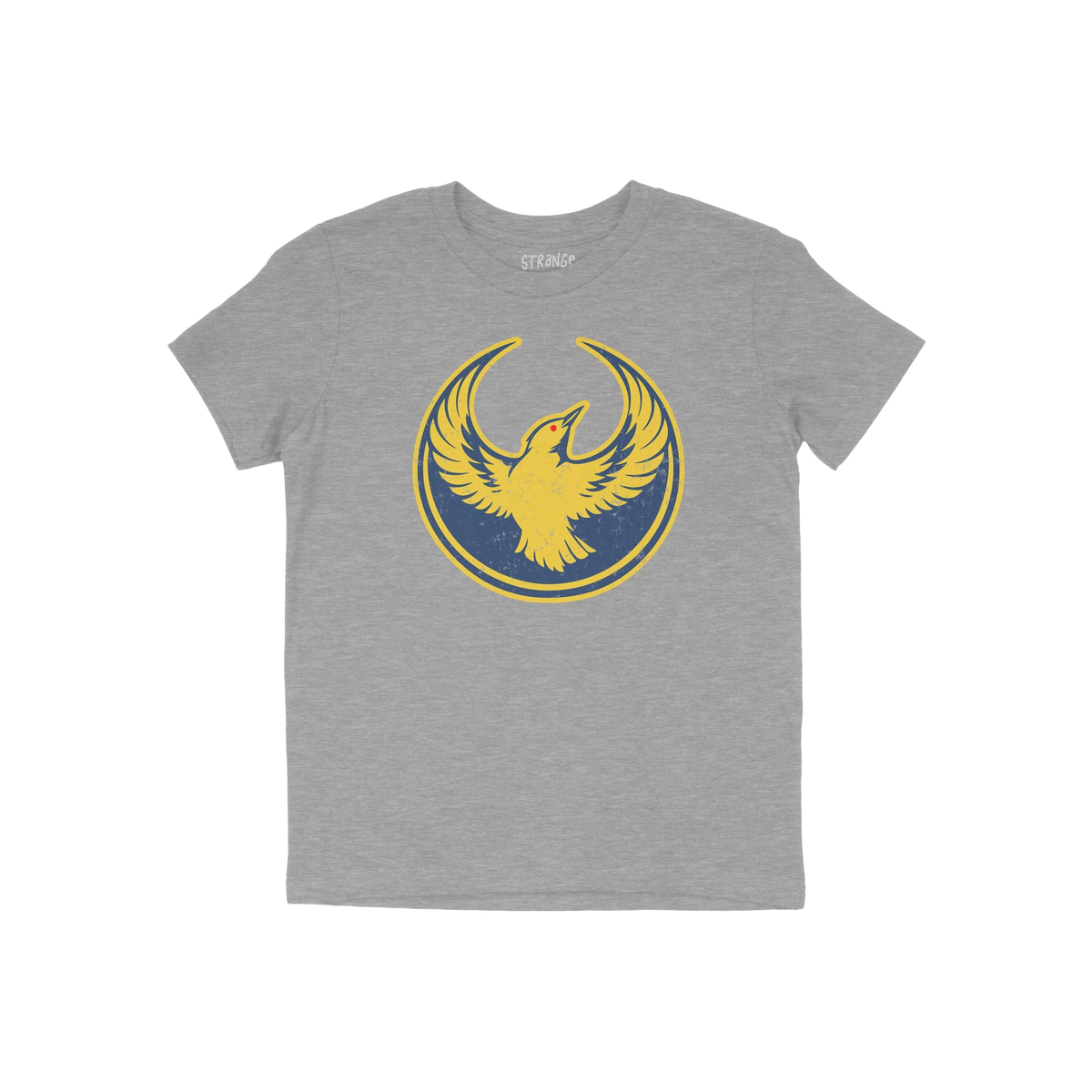 Heather-gray Oregon Rebel Alliance T-shirt featuring a circular graphic of a stylized yellow phoenix with outstretched wings