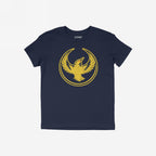 Navy-blue Oregon Rebel Alliance T-shirt with a distressed golden-yellow phoenix graphic. The design symbolizes protest and equality, featuring STRNGE. on the neck label, embodying anti-fascist and immigrant rights themes.