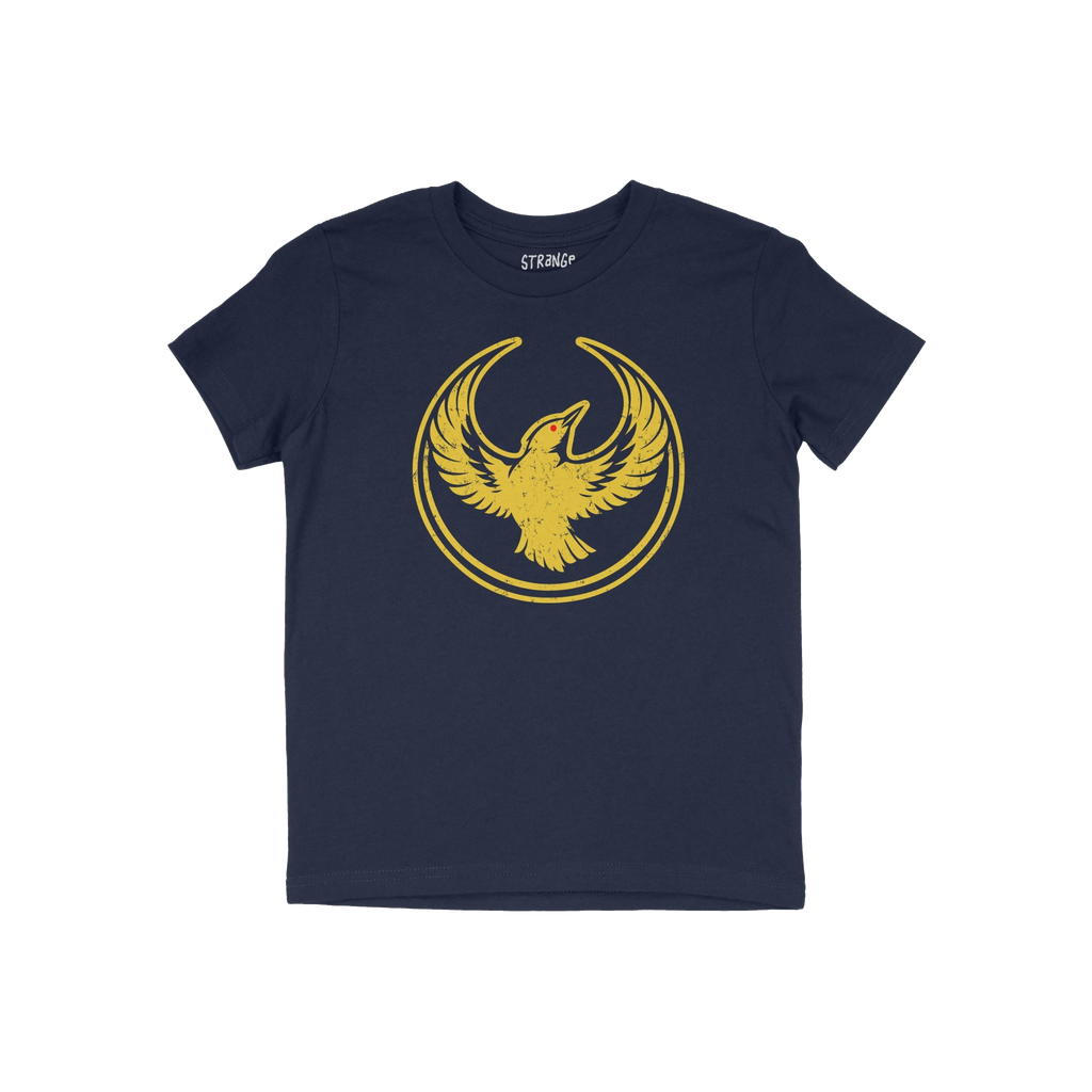 Navy-blue Oregon Rebel Alliance T-shirt with a distressed golden-yellow phoenix graphic. The design symbolizes protest and eq