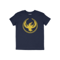 Navy-blue Oregon Rebel Alliance T-shirt with a distressed golden-yellow phoenix graphic. The design symbolizes protest and eq
