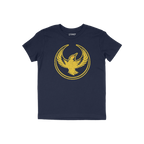 Navy-blue Oregon Rebel Alliance T-shirt with a distressed golden-yellow phoenix graphic. The design symbolizes protest and eq