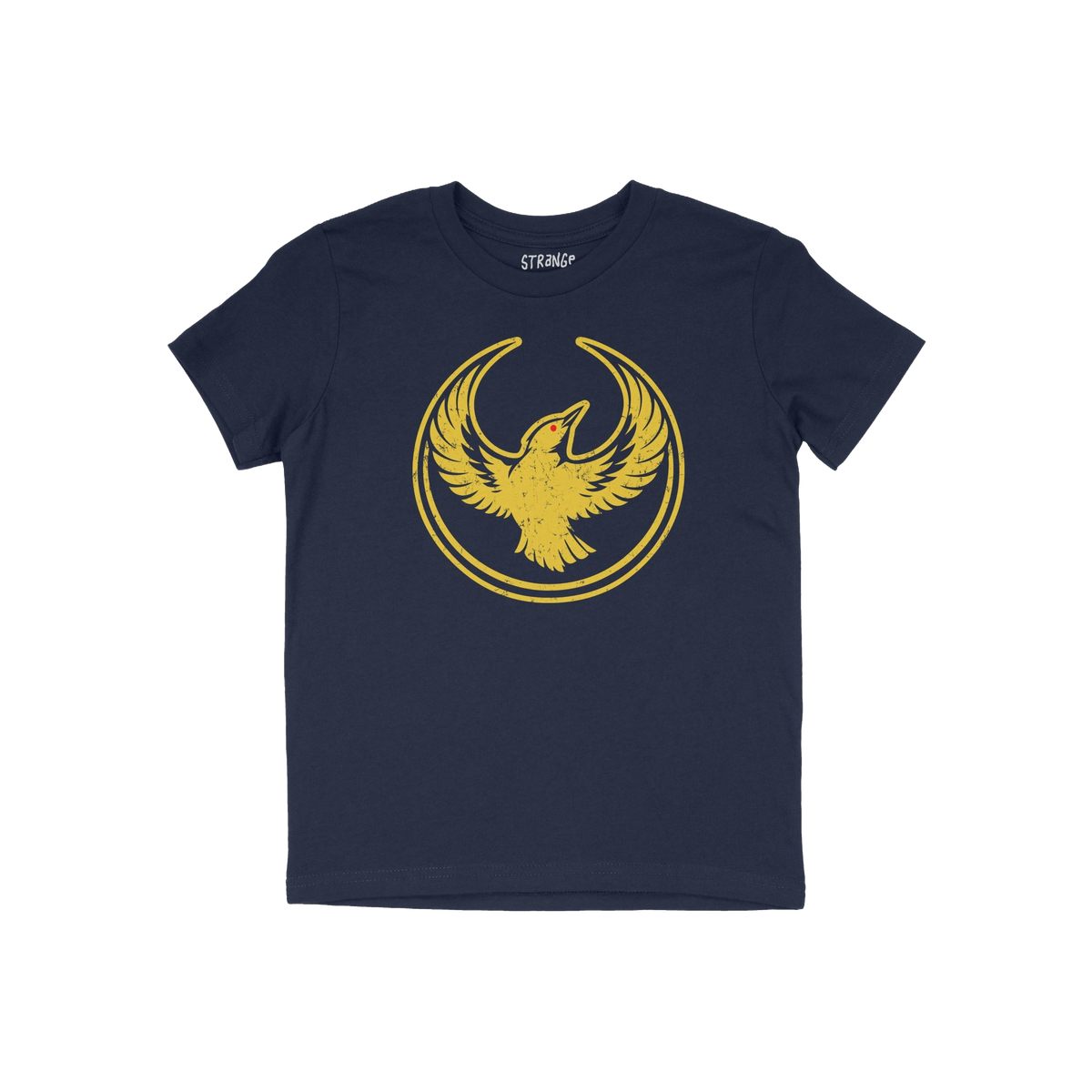 Navy-blue Oregon Rebel Alliance T-shirt with a distressed golden-yellow phoenix graphic. The design symbolizes protest and eq
