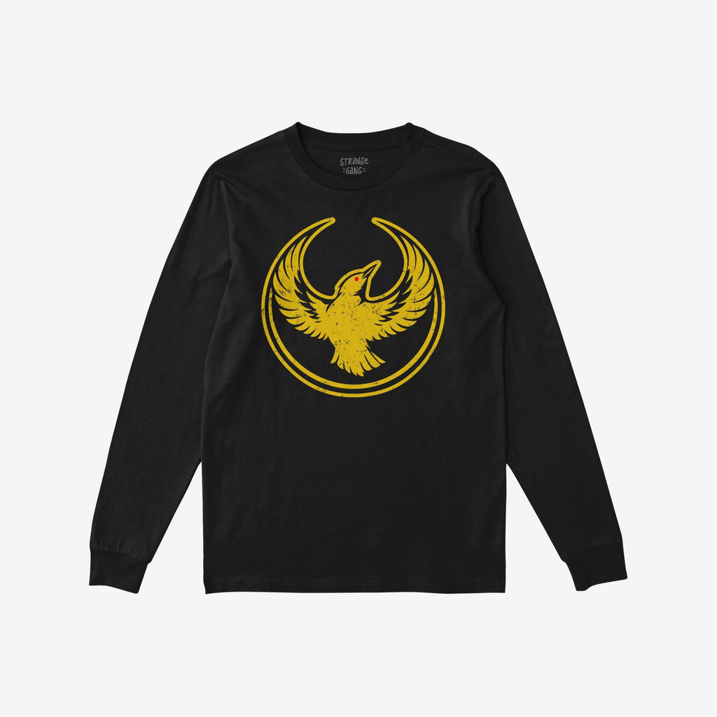 The Oregon Rebel Alliance T-shirt features a distressed gold phoenix graphic on a black, long-sleeve design, symbolizing resistance and solidarity, ideal for expressing anti-fascist and immigrant rights support.