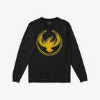 The Oregon Rebel Alliance T-shirt features a distressed gold phoenix graphic on a black, long-sleeve design, symbolizing resistance and solidarity, ideal for expressing anti-fascist and immigrant rights support.