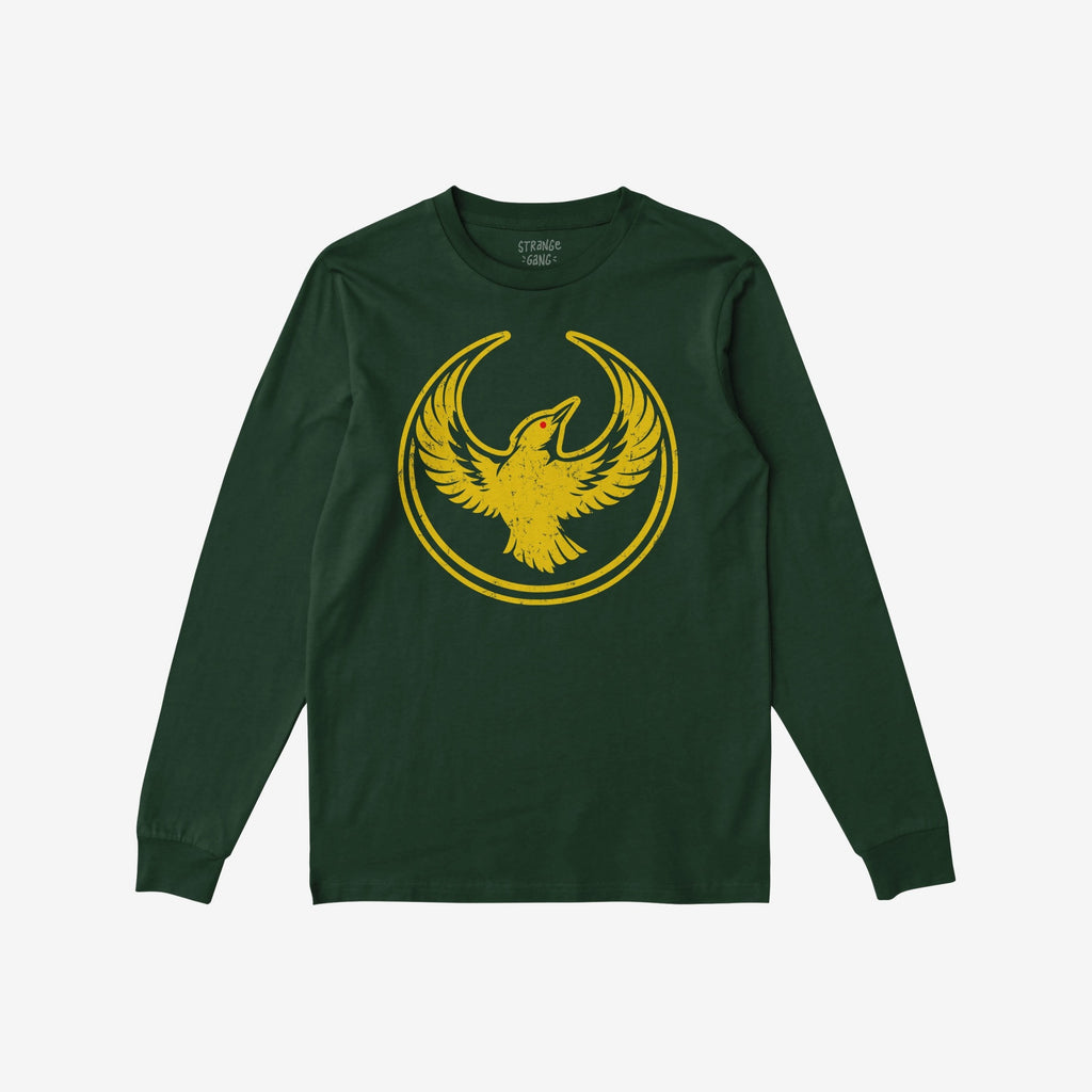 Dark green Oregon Rebel Alliance T-shirt featuring a distressed yellow graphic of a bird with wings spread inside a circular border, embodying a protest design for anti-fascist and equality-supporting individuals.