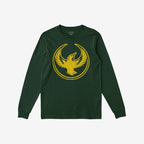 Dark green Oregon Rebel Alliance T-shirt featuring a distressed yellow graphic of a bird with wings spread inside a circular border, embodying a protest design for anti-fascist and equality-supporting individuals.