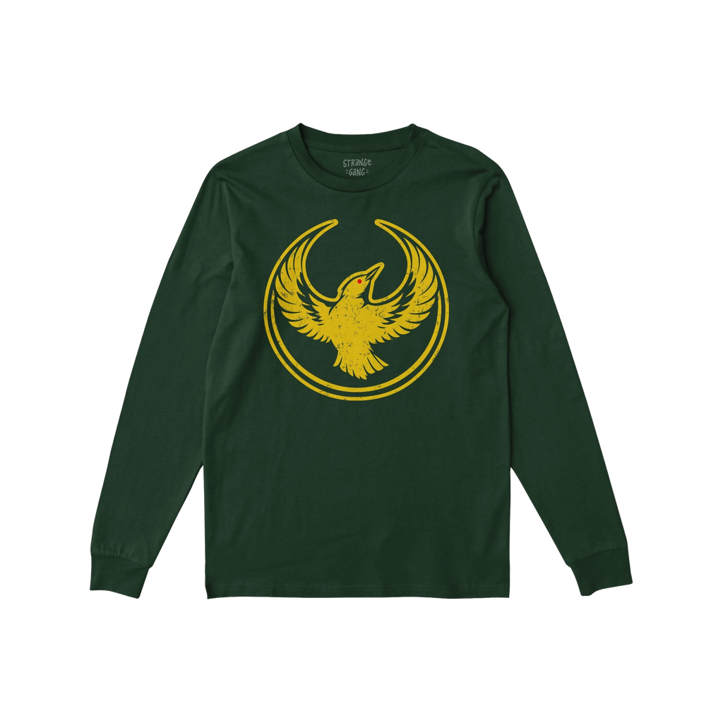 Dark green Oregon Rebel Alliance T-shirt featuring a distressed yellow graphic of a bird with wings spread inside a circular 
