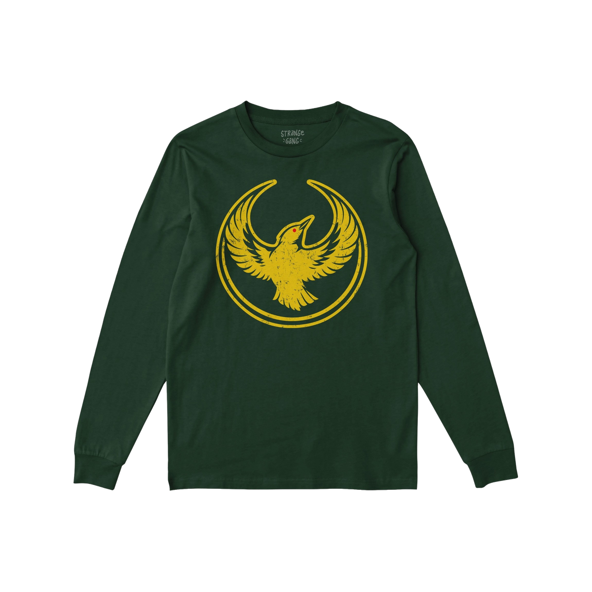 Dark green Oregon Rebel Alliance T-shirt featuring a distressed yellow graphic of a bird with wings spread inside a circular 