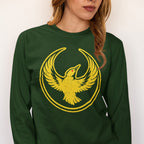 Woman wearing Oregon Rebel Alliance T-shirt, featuring a distressed yellow bird emblem with wings outstretched inside a circular border on a dark green long-sleeve, symbolizing anti-fascist and equality support.