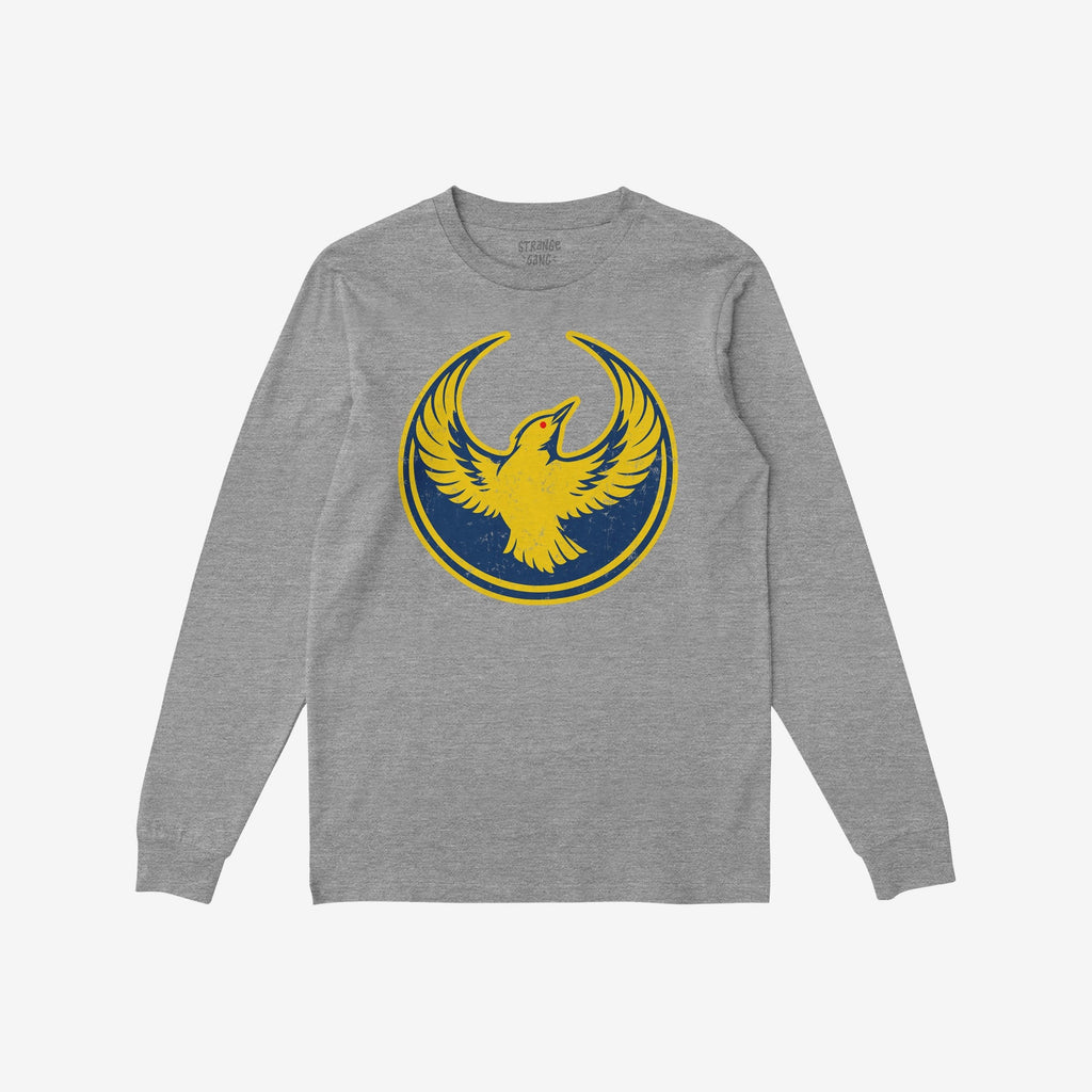 Heather-gray Oregon Rebel Alliance T-shirt featuring a stylized yellow bird on a navy-blue circle, embodying activism and solidarity. Ideal for protest-minded individuals, reflecting anti-fascist values.