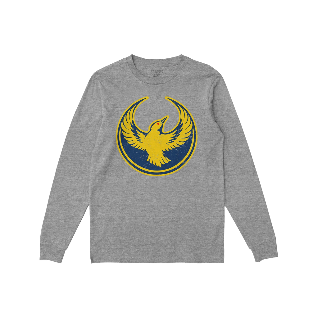 Heather-gray Oregon Rebel Alliance T-shirt featuring a stylized yellow bird on a navy-blue circle, embodying activism and sol