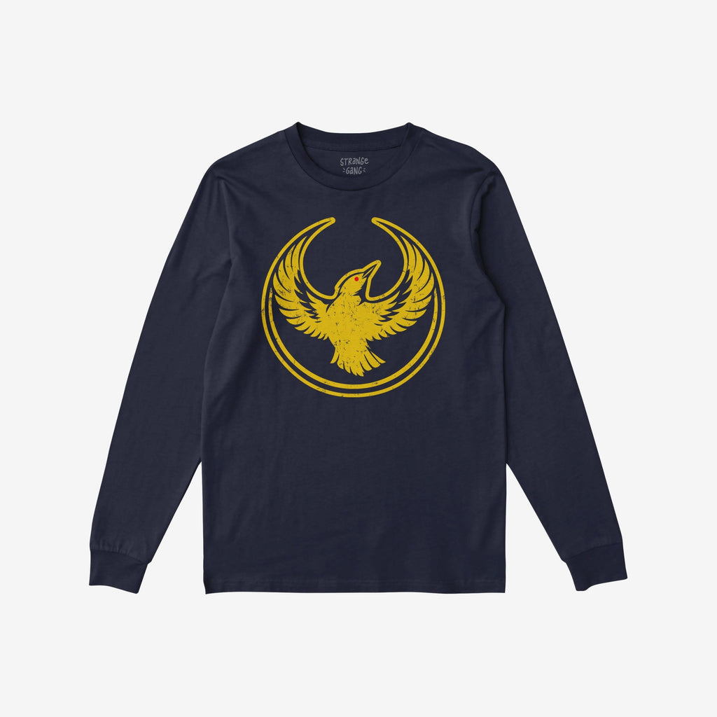 Oregon Rebel Alliance T-shirt features a distressed-yellow bird graphic with a broken circular ring on a navy-blue long-sleeve, embodying a protest spirit for equality and anti-fascist values.