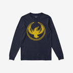Oregon Rebel Alliance T-shirt features a distressed-yellow bird graphic with a broken circular ring on a navy-blue long-sleeve, embodying a protest spirit for equality and anti-fascist values.