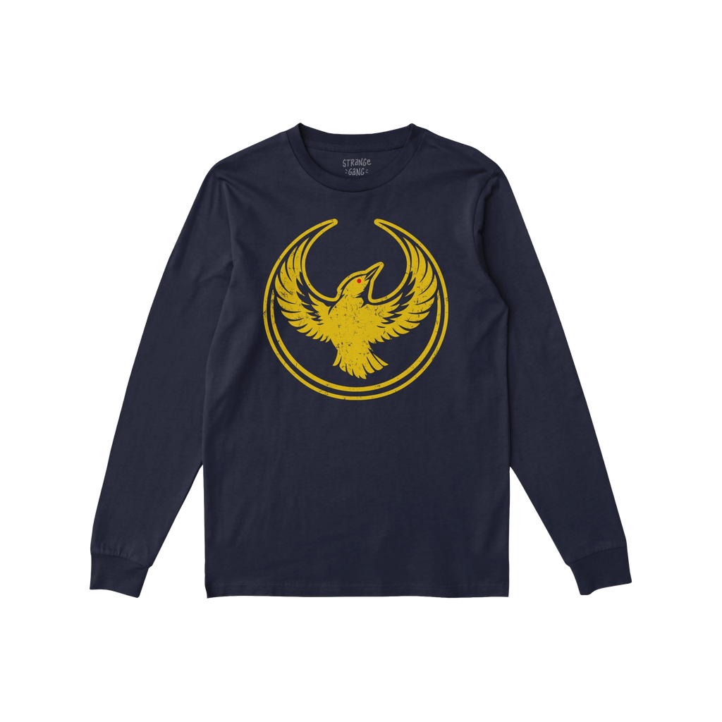Oregon Rebel Alliance T-shirt features a distressed-yellow bird graphic with a broken circular ring on a navy-blue long-sleev