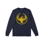 Oregon Rebel Alliance T-shirt features a distressed-yellow bird graphic with a broken circular ring on a navy-blue long-sleev