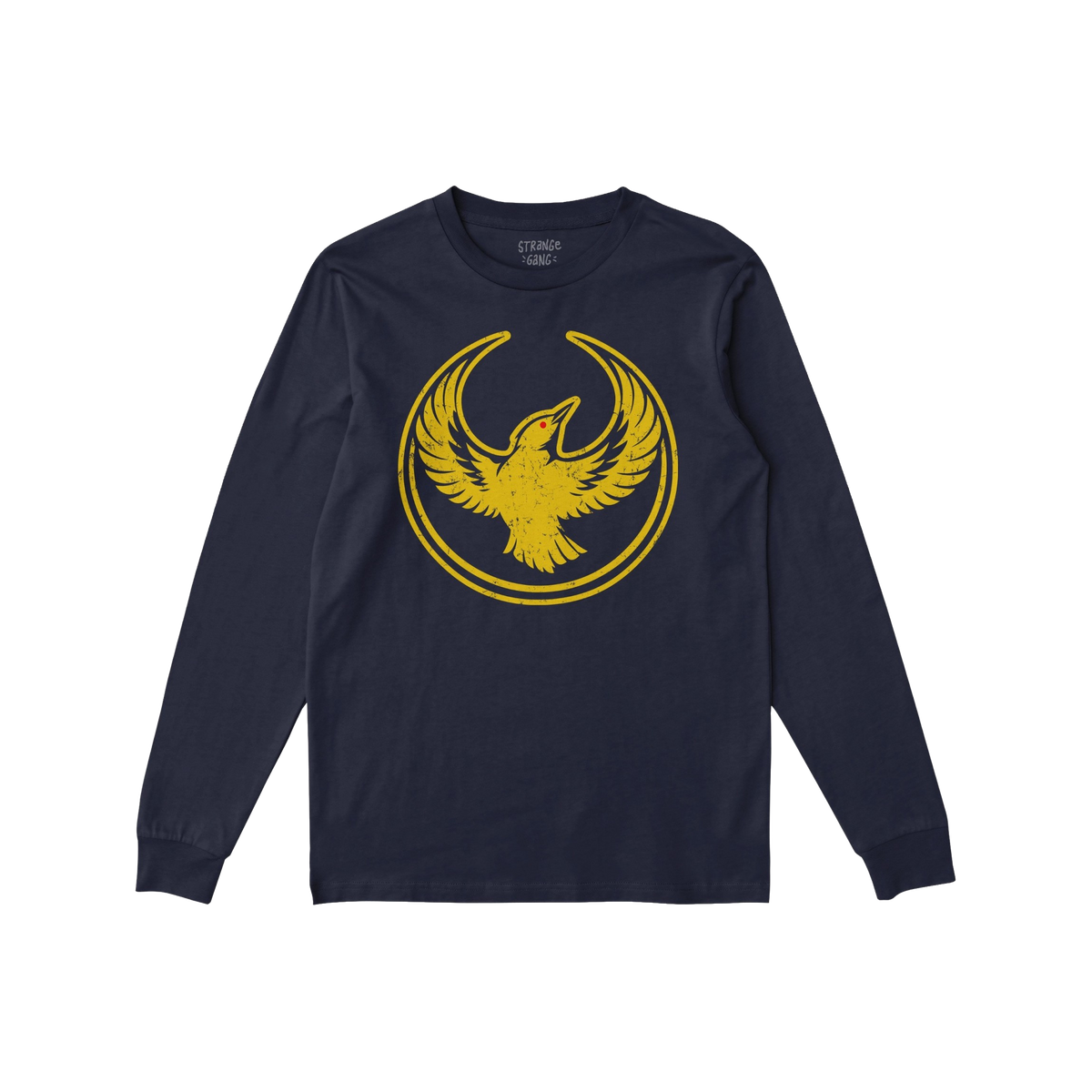 Oregon Rebel Alliance T-shirt features a distressed-yellow bird graphic with a broken circular ring on a navy-blue long-sleev
