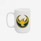 Oregon Rebel Alliance Mug with a stylized gold bird emblem rising on a dark blue circle, symbolizing anti-fascism and community support. A white ceramic piece ideal for protests and solidarity.