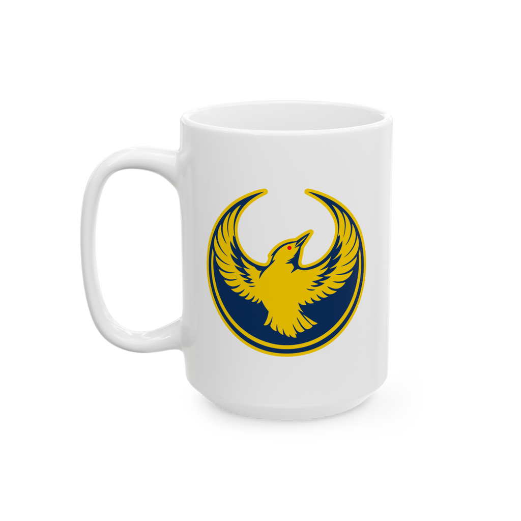 Oregon Rebel Alliance Mug with a stylized gold bird emblem rising on a dark blue circle, symbolizing anti-fascism and communi