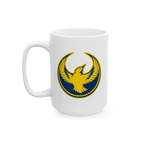 Oregon Rebel Alliance Mug with a stylized gold bird emblem rising on a dark blue circle, symbolizing anti-fascism and communi