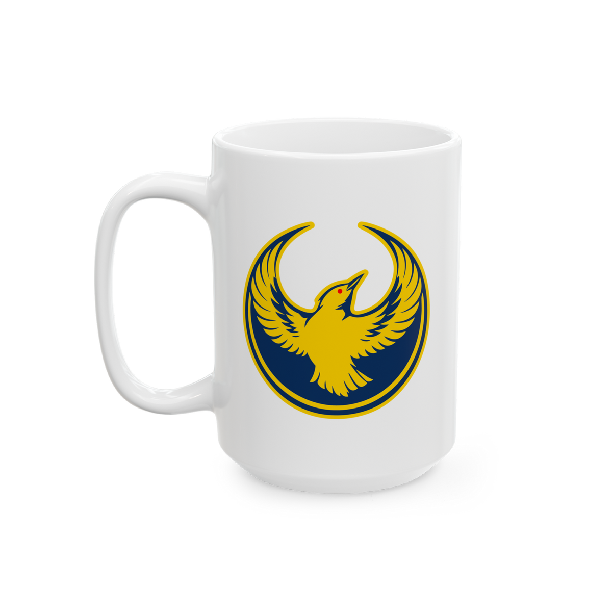Oregon Rebel Alliance Mug with a stylized gold bird emblem rising on a dark blue circle, symbolizing anti-fascism and communi