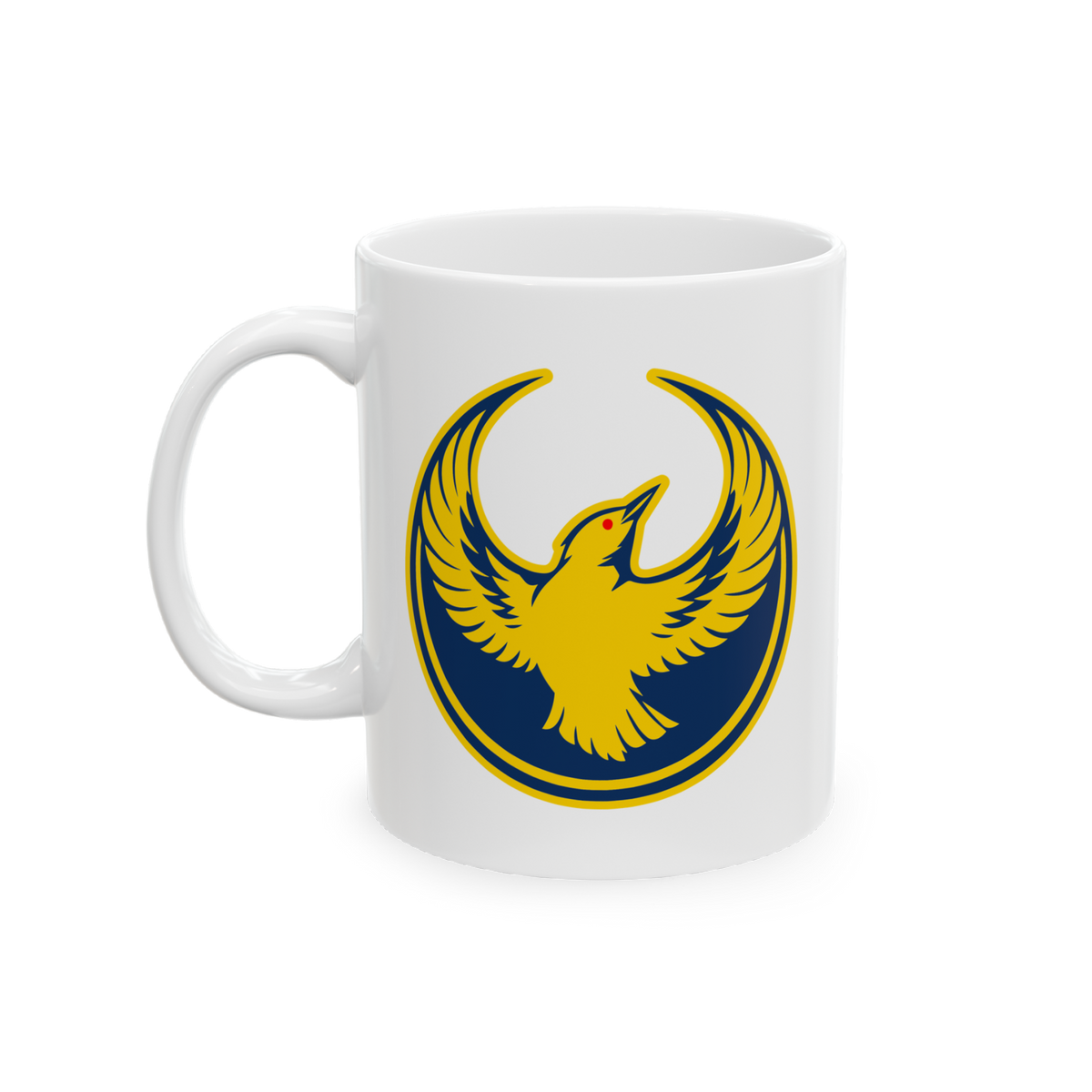 Oregon Rebel Alliance Mug featuring a gold-yellow western meadowlark emblem with outstretched wings, printed on a white ceram