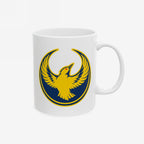 Oregon Rebel Alliance Mug featuring a stylized golden-yellow bird emblem, symbolizing protest and community spirit, set against a blue field. Ideal for anti-fascist supporters and equality advocates.