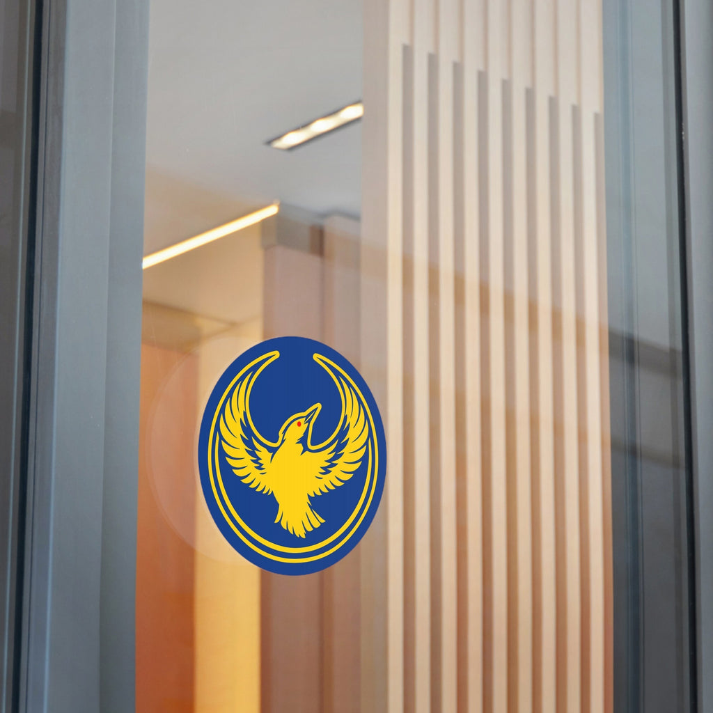 Oregon Rebel Alliance Sticker featuring a stylized yellow bird emblem on a glass door, symbolizing activism and solidarity. Perfect for expressing bold beliefs on personal items like laptops or water bottles.