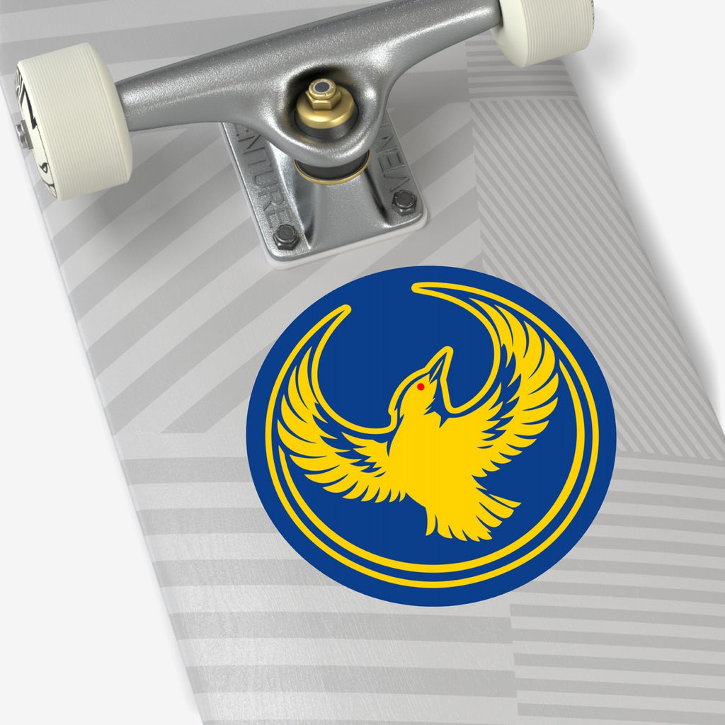The Oregon Rebel Alliance Sticker on a skateboard features a stylized western meadowlark emblem, symbolizing protest and activism, designed for those committed to anti-fascism and equality.