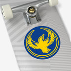 The Oregon Rebel Alliance Sticker on a skateboard features a stylized western meadowlark emblem, symbolizing protest and activism, designed for those committed to anti-fascism and equality.