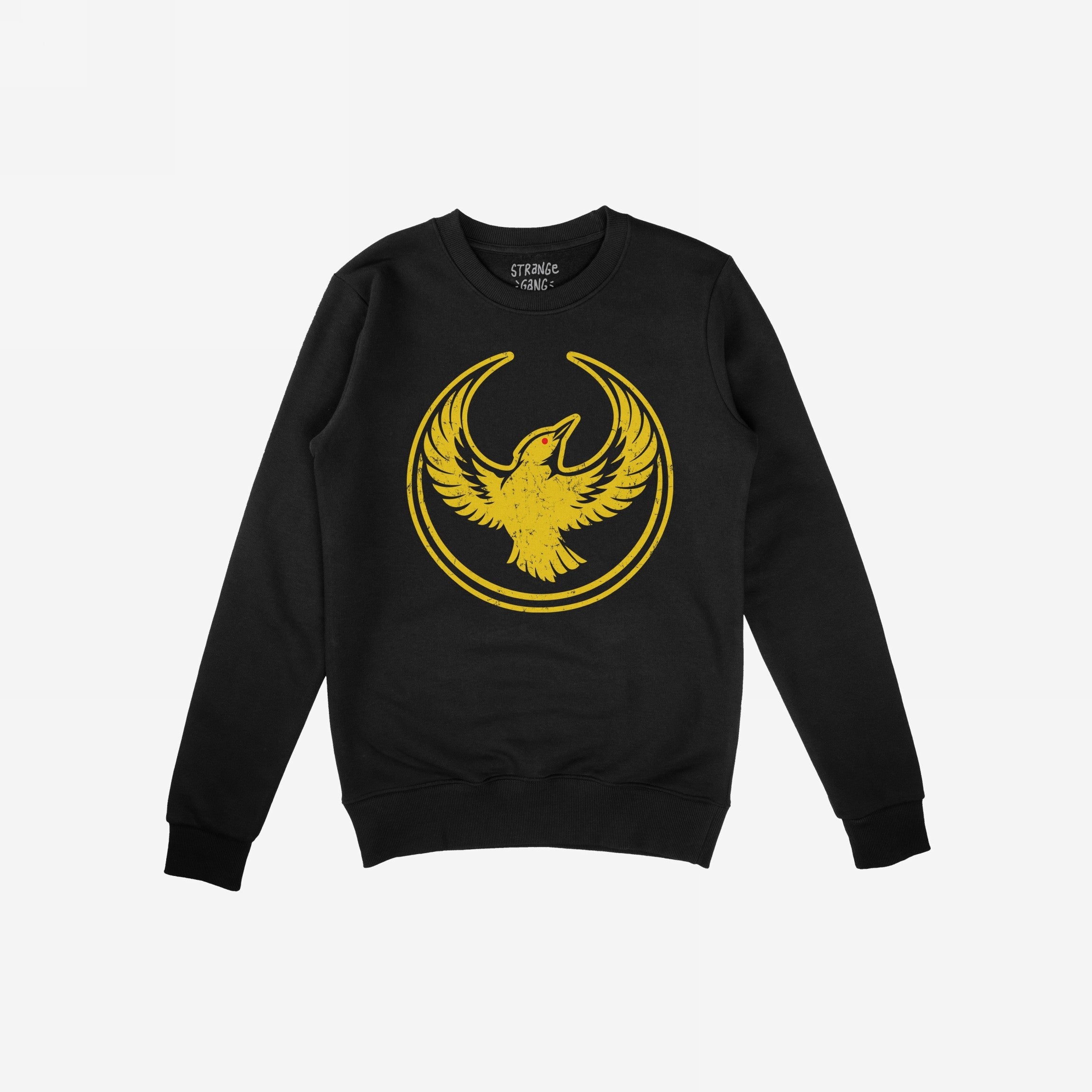 Oregon Rebel Alliance Hoodie & Sweatshirt featuring a bold yellow phoenix-like bird graphic, symbolizing resistance. The design includes a red-eyed western meadowlark within a circular border on a black crew-neck sweatshirt.