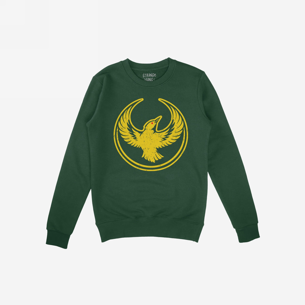 Oregon Rebel Alliance Hoodie & Sweatshirt features a forest-green crewneck with a distressed yellow bird emblem, embodying anti-fascist protest and community support. Ideal for marches and everyday wear.