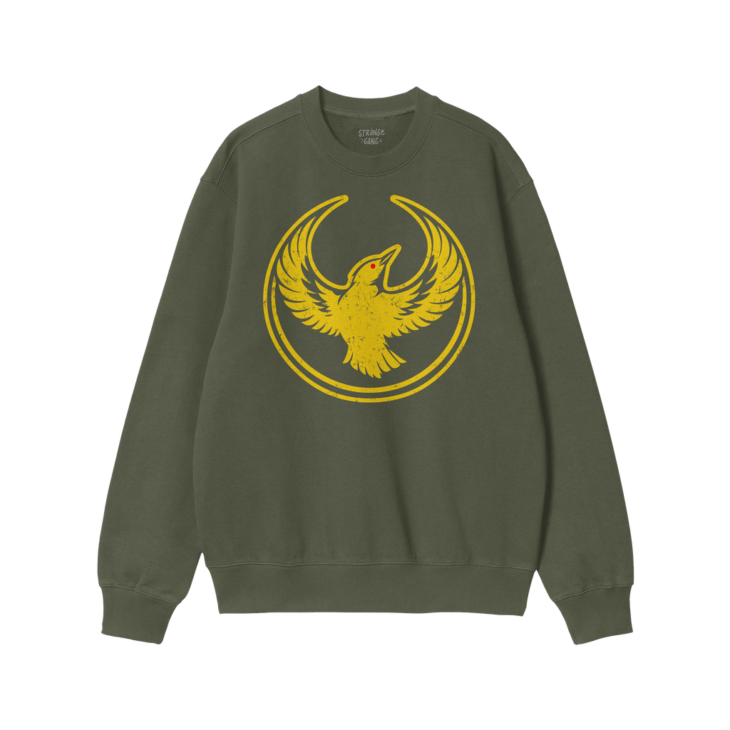 Oregon Rebel Alliance Hoodie & Sweatshirt features a forest-green crewneck with a distressed yellow bird emblem, embodying an