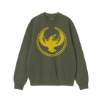 Oregon Rebel Alliance Hoodie & Sweatshirt features a forest-green crewneck with a distressed yellow bird emblem, embodying an