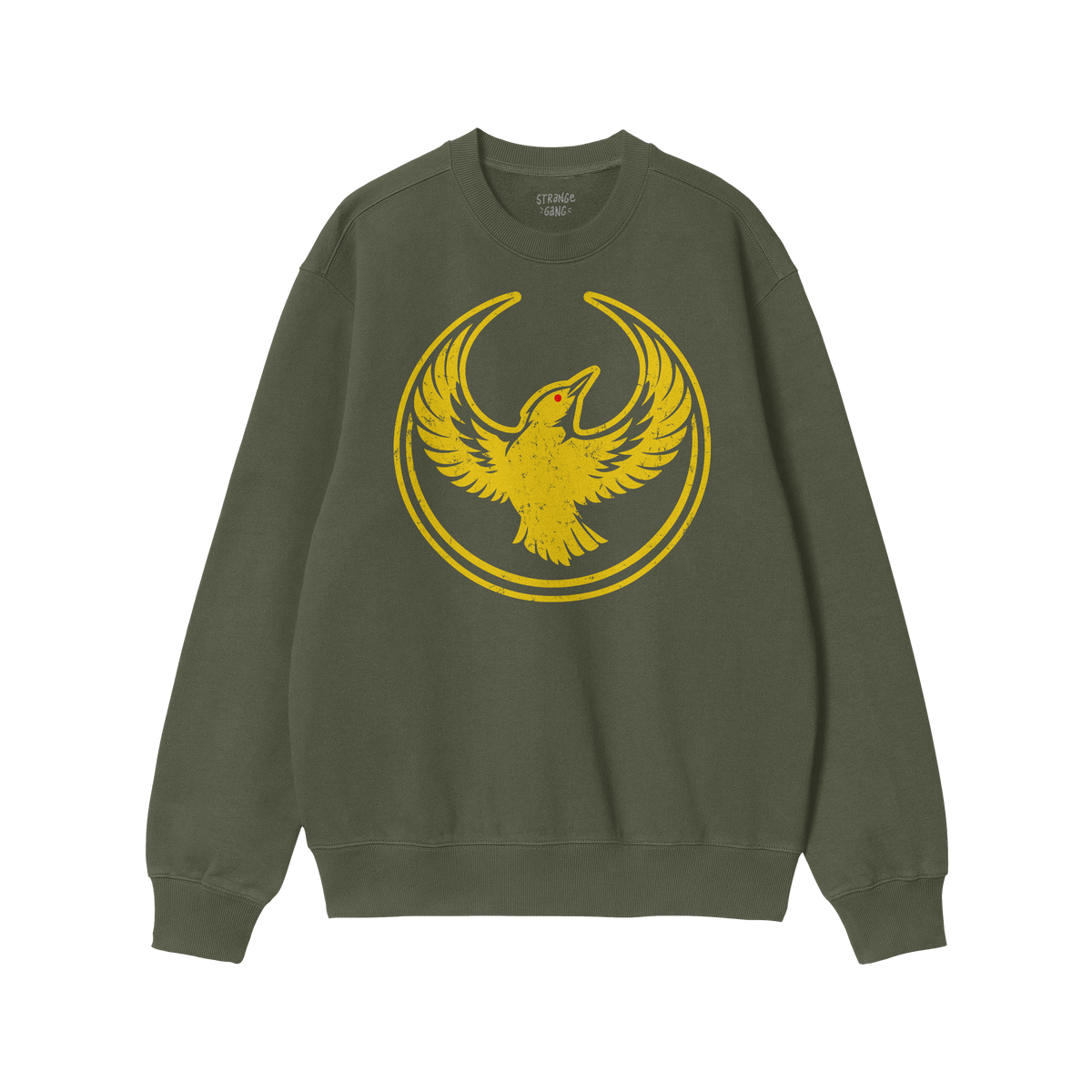 Oregon Rebel Alliance Hoodie & Sweatshirt features a forest-green crewneck with a distressed yellow bird emblem, embodying an