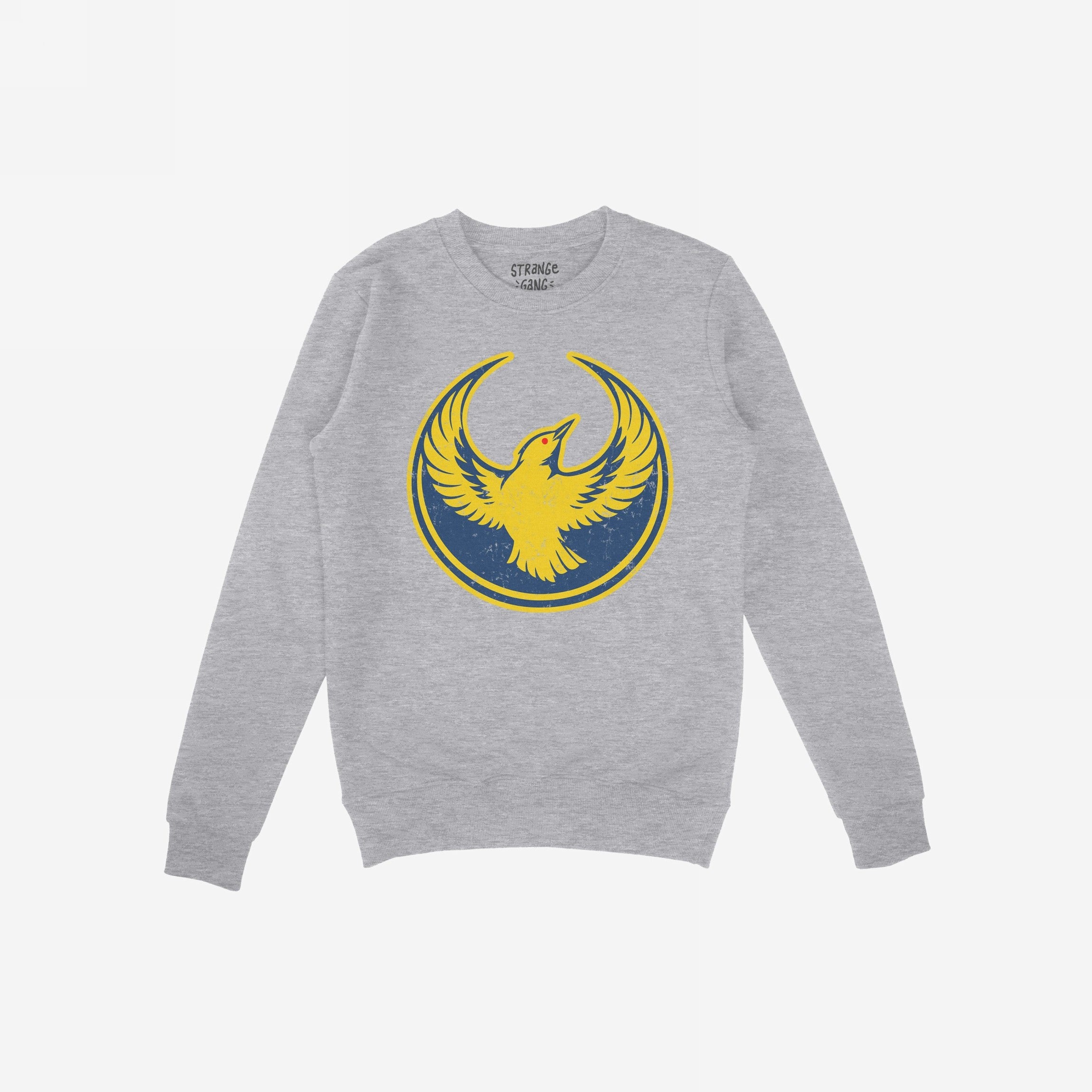 Light heather-gray Oregon Rebel Alliance Sweatshirt featuring a yellow bird graphic on a navy background, symbolizing protest and community support, with a lived-in, distressed finish.