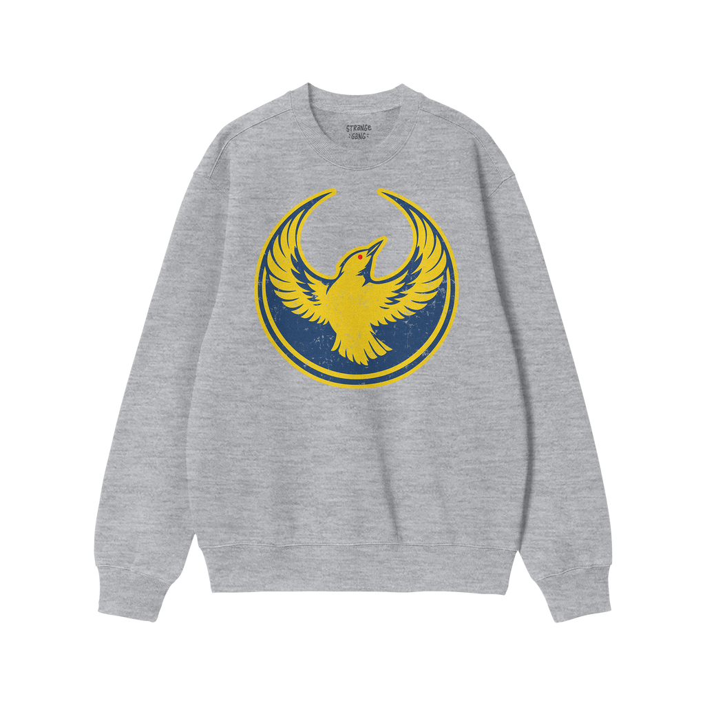 Light heather-gray Oregon Rebel Alliance Sweatshirt featuring a yellow bird graphic on a navy background, symbolizing protest