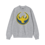 Light heather-gray Oregon Rebel Alliance Sweatshirt featuring a yellow bird graphic on a navy background, symbolizing protest