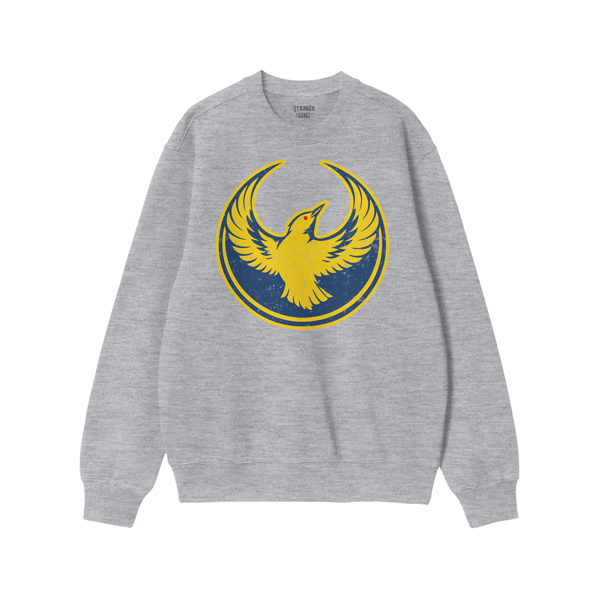 Light heather-gray Oregon Rebel Alliance Sweatshirt featuring a yellow bird graphic on a navy background, symbolizing protest
