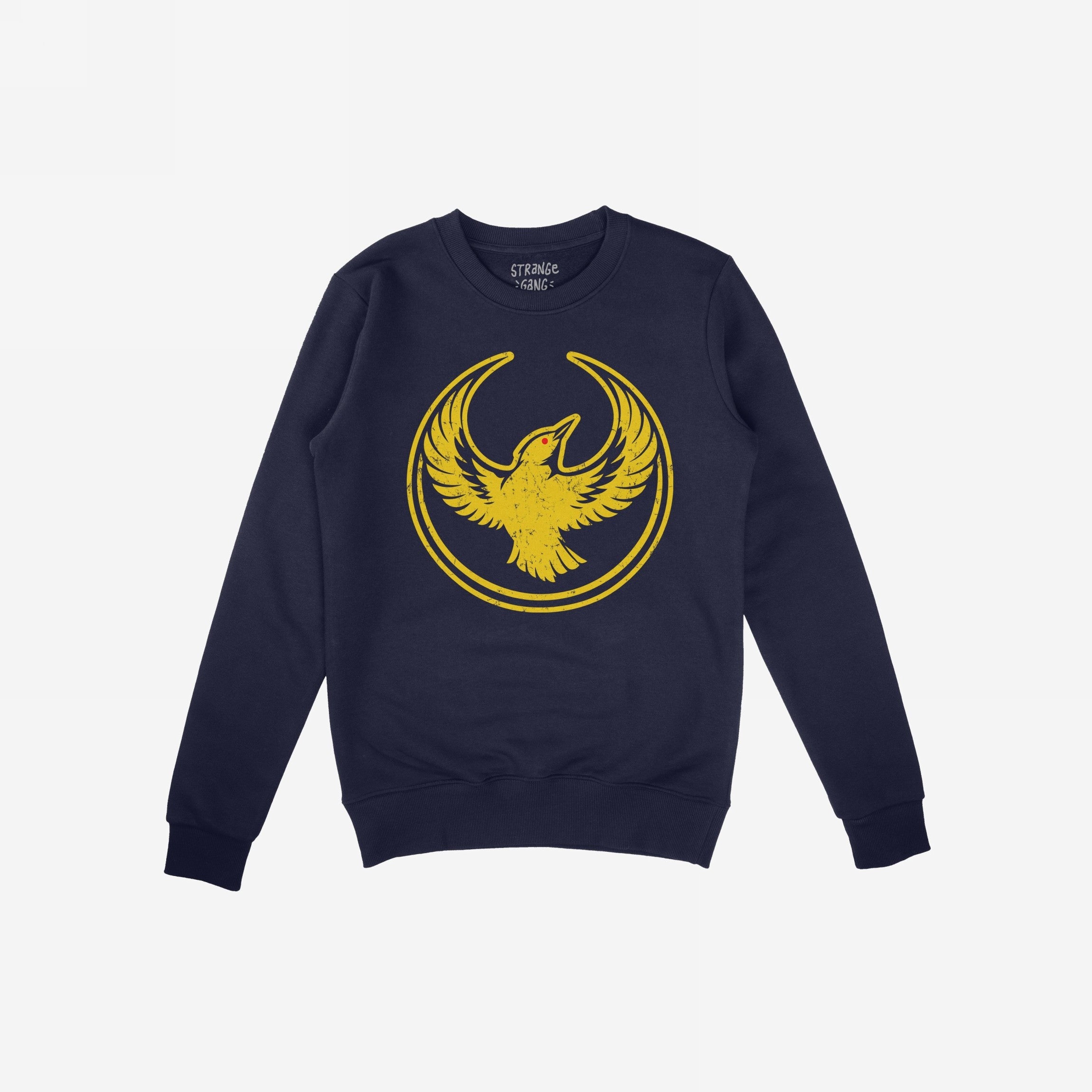 Navy-blue Oregon Rebel Alliance Hoodie & Sweatshirt featuring a distressed yellow bird graphic, symbolizing protest and solidarity, for those supporting immigrant rights and community activism.