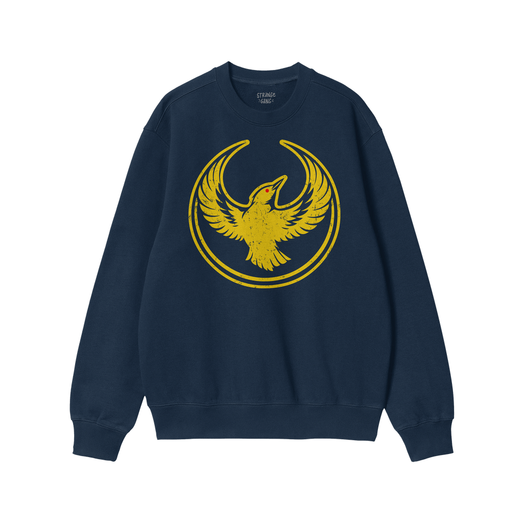 Navy-blue Oregon Rebel Alliance Hoodie & Sweatshirt featuring a distressed yellow bird graphic, symbolizing protest and solid